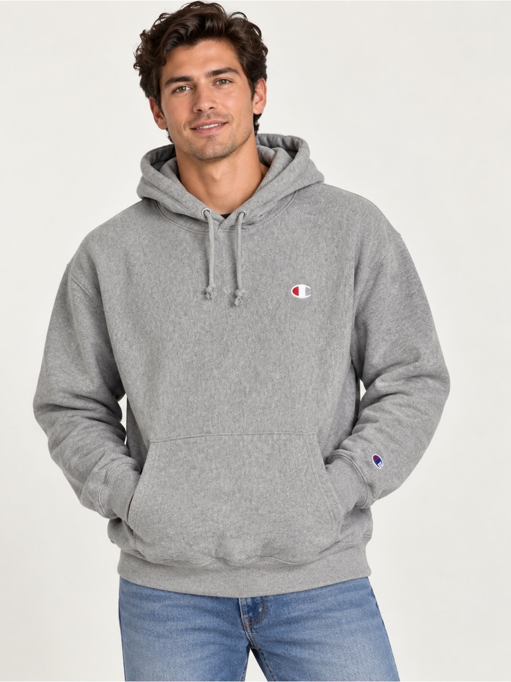 CHAMPION Reverse Weave Hoodie Pullover Embroidered Logo Warm Up | Gray | Size L